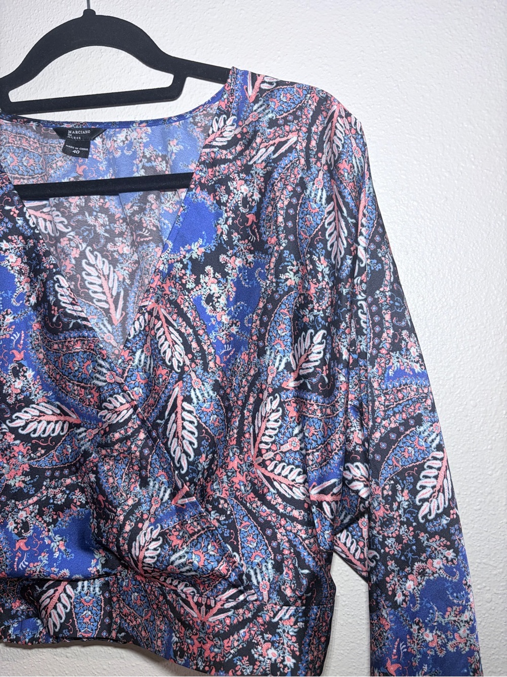 Marciano Blue Paisley Wrap-Style Blouse with Pink Accents